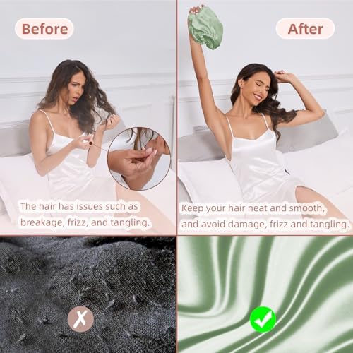 Adjustable Silk Satin Hair Bonnet for Sleeping Women, Double Layer, Silk Hair Wrap for Sleeping Women Men, Curly Natural Braid Straight Unisex - Green - Image 4