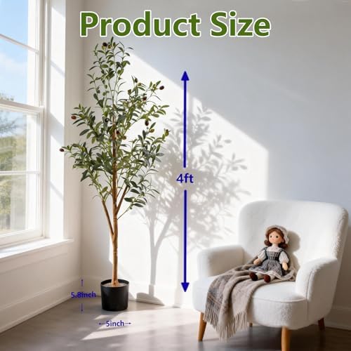 4FT Artificial Olive Tree Indoor, Tall Faux Olive Tree with Pot&Basket, Large Fake Olive Tree with Realistic 576 Silk Leaves and 32 Fruits for Living Room Home Office Decor. - Image 5
