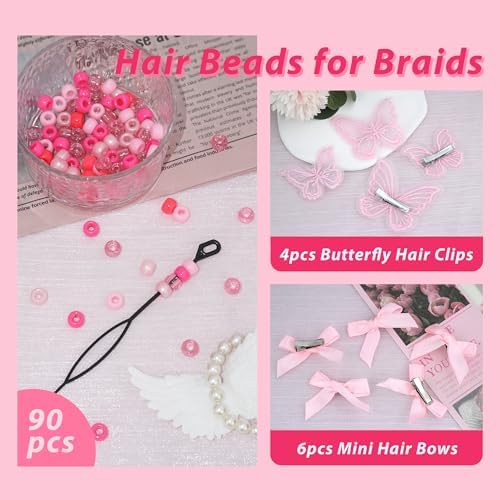 100PCS Small Pink Bows Gradient Hair Beads for Braids Embroidery Butterfly Hair Clips Loc Jewelry Acrylic Large Beads Cute Hair Accessories Dreadlock for Women and Girls - Image 5