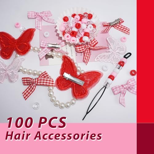 100pcs Hair Beads for Braids Dark Red Lace Embroidery Butterfly Hair Clips Gingham Small Hair Bows Acrylic Loc Dreadlock Pony Beads Y2K Hair Accessories for Girls - Image 7