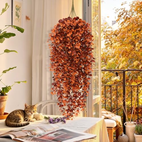 Waipfaru 4Pcs Fake Hanging Plants, Red-Brown Eucalyptus Fake Vines Ivy - Image 2