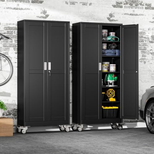 75" Metal Garage Storage Cabinet with Wheels and Locking Doors and Tall Rolling Steel Tool Cabinet with 5 Adjustable Shelves for Garage,Home,Office,Shop (Black, 75''H x 32''W x16''D) - Image 2