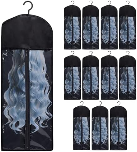 AHANDMAKER 12Pcs Hair Extension Holder Wig Storage Bags with Hanger for Multiple Wigs Dust Proof Hanger for Home Travel Hair Salon Hair Extensions, Accessories, Black, 31.49 Inch by AHANDMAKER