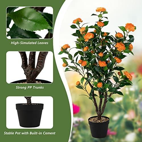 Goplus 40” Artificial Camellia Tree, Flower Plants Artificial Tree - Image 5