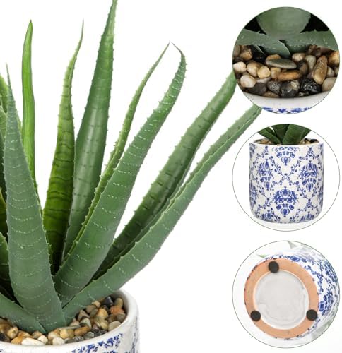 Briful Agave Plants Artificial Succulents Fake Plant in Blue Vase, 9'' Tall Realistic Faux Aloe Vera for Home Decor Indoor Centerpiece Table Kitchen - Image 3