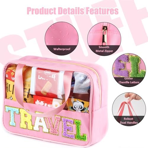 BuyCard Chenille Letter Patch Clear Travel Bags, Preppy PVC&Nylon Makeup Bag with Handle and Zipper, Waterproof Large Clear Travel Toiletry Bag Storage Bag for Women Girls(Pink) - Image 3
