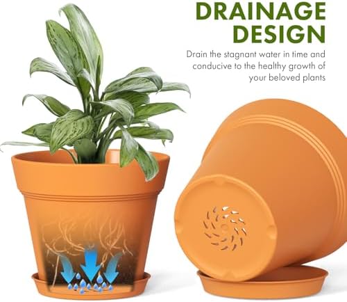 WSMKSZ 7 Inch Thick Plastic Plant Pots with Drainage Holes and Trays – 6 Pack Nursery Pots for Indoor & Outdoor House Plants, Seedling Starter Planters for Garden Flowers, Terracotta - Image 4