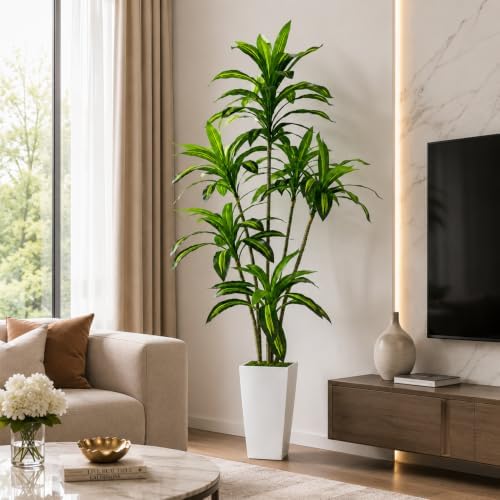 Artificial Dracaena Tree with White Tall Planter, 7FT - Image 3