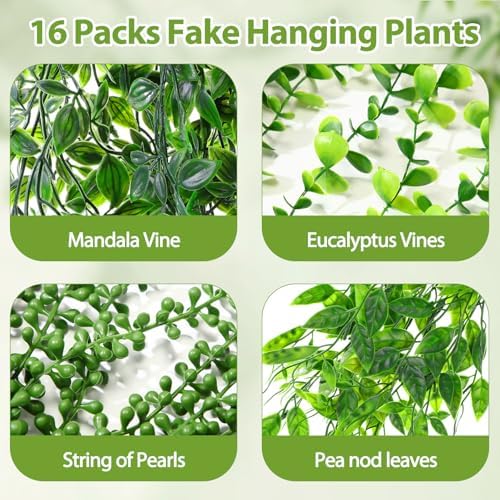 Daifunli 16 Pcs Artificial Hanging Plants Fake Hanging Ferns Plastic Fake Plants for Wall Room Garden Garland Indoor Outdoor Decor No Basket (Eucalyptus,Mandala,String of Pearls,Pea) - Image 4