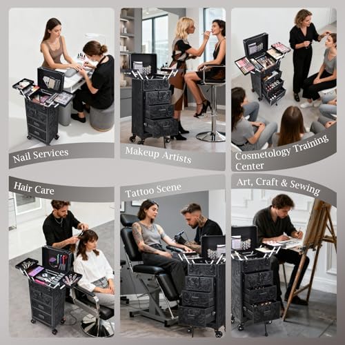Stagiant Rolling Makeup Case with Drawers Cosmetology Case on Wheels 4 IN 1 Makeup Case 3 Drawers with Foot Stand Spring-release Mechanism Rolling Make Up Organizer for Artist Salon Nail Teach Trunk - Image 3
