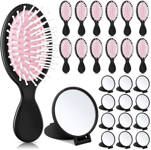 Meanplan 24 Pcs Mini Hair Brush Set Travel Wet Dry Hair Combs Pocket Detangling Compact Folding Makeup Mirrors for Spa Sleepover Birthday Bridal Shower Bachelorette Christmas Party Gift(Black Pink) by Meanplan