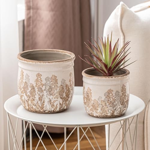 Ceramic Plant Pots Set of 2, 4.7+5.7 Inch Vintage Indoor Planters with Drainage Hole, Farmhouse Ceramic Flower Pots for Indoor Plants, Rustic Cottage Decor for Home Kitchen Garden, Brown - Image 6