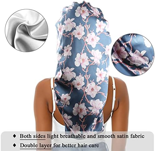 Extra Large Satin Bonnet for Women Sleeping, Silky Elastic Sleep Cap with Tie Band, Double-Layer Long Hair Bonnet for Braids/Curly/Long Hair (Blue Floral) - Image 2
