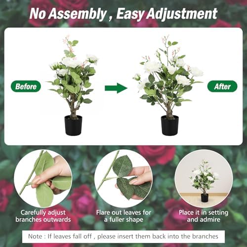 2Pack Artificial Rose Flower Trees, 24Inch White Faux Rose Tree with Green Leaves for Living Room Office Home Outdoor Indoor Decor,2FT White - Image 6