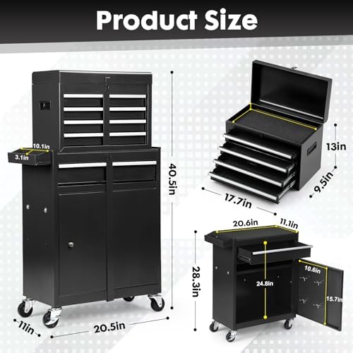 Dawmilon 5-Drawer Rolling Tool Chest with Wheels - High Capacity Tool Cabinet with Detachable Top Toolbox for Garage and Workshop Organization - Metal Tool Cart with Liner & 4 Hooks, Black - Image 3