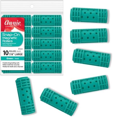 Annie Snap-On Magnetic Hair Rollers – Large 7/8 Inch with Locking Snap-Over Hood – Secure Hold No Pins Needed – Green, 10 Count by AnnieInternational