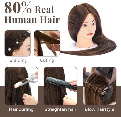 28" Mannequin Head with 80% Real Hair,Cosmetology Manikin Practice Doll Head,Braiding Head with Tripod Stand with Table Clamp + DIY Hair Styling Set #4 - Image 2