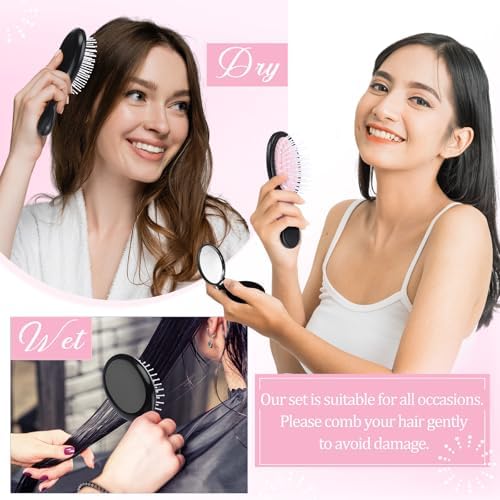Meanplan 24 Pcs Mini Hair Brush Set Travel Wet Dry Hair Combs Pocket Detangling Compact Folding Makeup Mirrors for Spa Sleepover Birthday Bridal Shower Bachelorette Christmas Party Gift(Black Pink) - Image 5