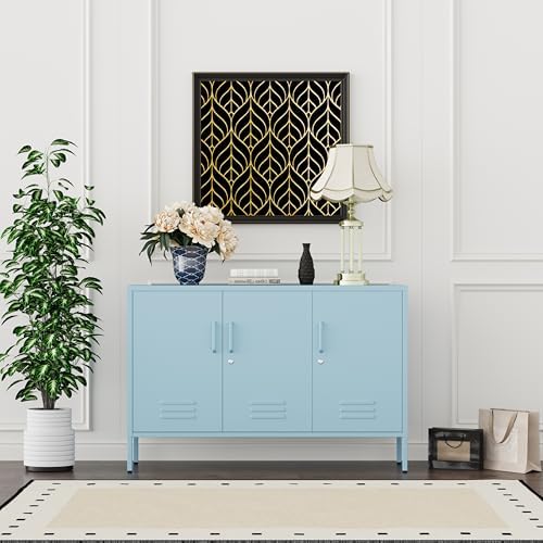 Blue Metal Storage Cabinet with Lock, 47.5" Wide Ventilated Door Locker, 2 Adjustable Shelves, Heavy Duty Home Accent Cabinet for Living Room Kitchen Office Study - Image 7