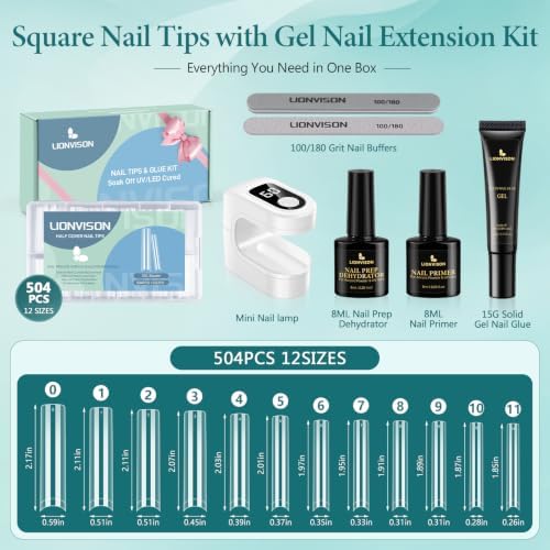 LIONVISON Nail Tips Square Set: 504PCS XXXL No C Curve Straight Tapered Square Nail Tips Extra Long Clear Nail Tips with Nail Extension Glue Gel Prep Dehydrator Primer File UV Curing Lamp for Home DIY - Image 6