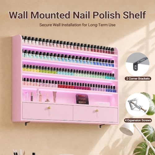 Wood Nail Polish Rack with Cabinet, 5-Tier Nail Polish Display Shelf, Pink - Image 6