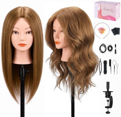 Mannequin Head with 100% Human Hair, MYSWEETY Doll Head for Hair Styling, Manikin Head Cosmetology Makeup Hairdressing Training Head with Clamp Holder and Tools(18" Brown, Makeup) by MYSWEETY