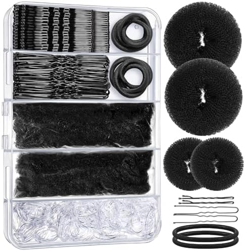 YGDZ 200 PCS Donut Hair Bun Maker Set, 4 Hair Donuts, 10 Black Buns Hair Nets, 80 Bobby Pins for Women, Girls, Dance Competition Must Haves, Dance Hair Accessories, Ballet Bun Kit, Black by YGDZ
