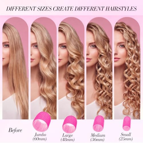4 Sizes Heatless Rollers Hair Curlers Set with Clips Comb Storage Bag, Red - Image 4