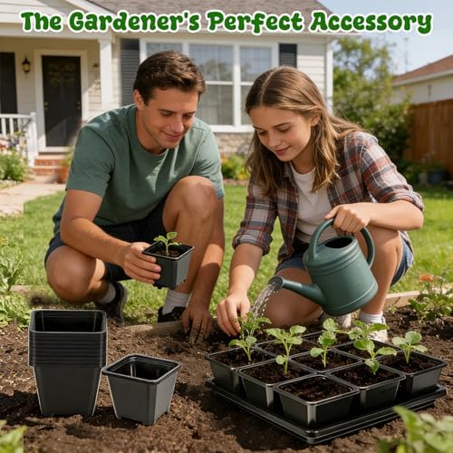 3.5in 50Pcs Black Square Nursery Pots with 5Pcs Plastic Seed Starting Trays - Image 7
