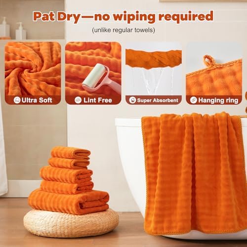 COZYART Lint Free 8 Pcs Bathroom Towels Set Ultra Soft Microfiber Orange - Image 5