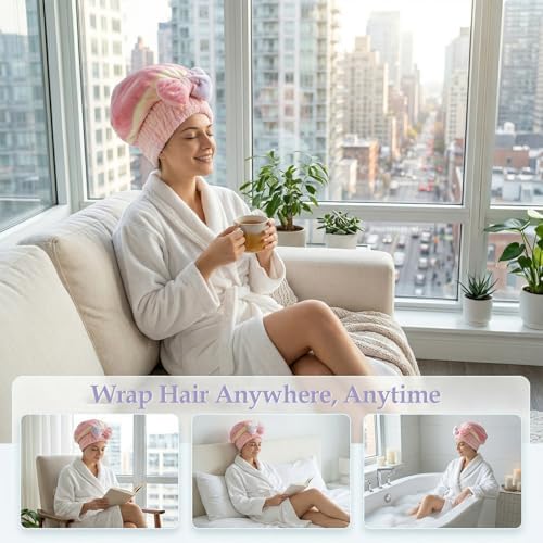 2 Pcs Ultra Absorbent Microfiber Hair Towel Wrap, Bow Tie Design Hair Drying Caps Quick Dry Hair Towel for Women Girls Long Curly Hair (Gradient) - Image 7