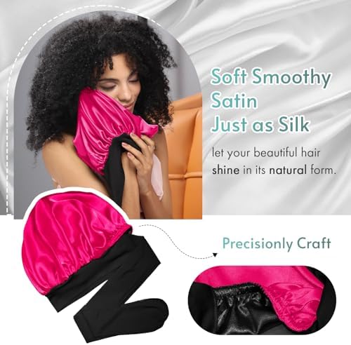 BONNET QUEEN Silk Bonnet for Sleeping Satin Bonnet with Tie Hair Wrap Double Layer Sleep Cap for Women Curly Hair, Black Hot Pink - Image 5