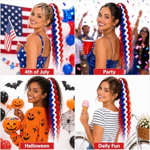 Red White Blue Curly Ponytail Extensions, 4th of July Fashion Color Curly Synthetic Ponytail With Rubber Band for Women & Teens Daily Festival Party Halloween Crazy Days Hair Pieces 2pcs/lot - Image 5