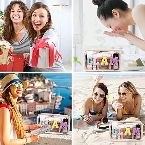 Iqimott Clear Patch Makeup Bag Monogram Pouch, Preppy Personalized Chenille Letter Cosmetic Pouch for Travel, Nylon Waterproof Organizer Travel Essentials Zipper Toiletry Bags for Women Girls(Beige) - Image 6