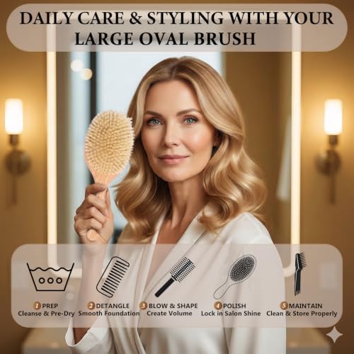 100% Boar Bristle Hair Brush for Fine Thin Hair, Natural Soft Boar Bristle Oval Cushion Brush with North American Oak Wood Handle for Women, Smooth Frizz & Enhance Shine, Wide Tooth Comb & Cleaner - Image 6