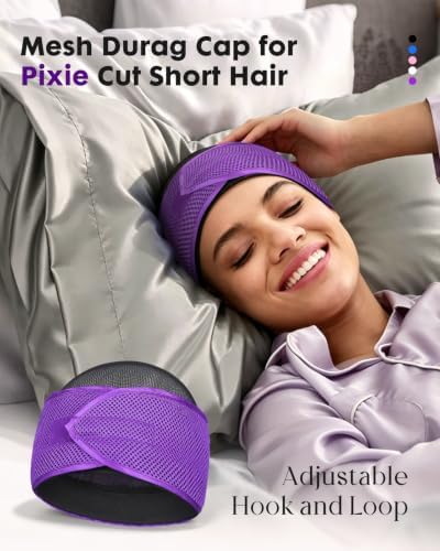 FocusCare 2-in-1 Anti-Slip Hair Wrap for Sleep – Mesh Durag Cap for Pixie Cut Short Hair, Adjustable Hook and Loop Closure - Image 3