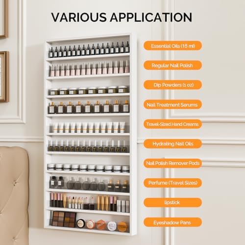 OmySalon Nail Polish Organizer Wall Mount - Holds 200 Bottles with Acrylic Barrier, Salon Display Rack for Home Spa & Nail Studio - Assembly Required, Wooden Polish Storage (White, 10-Tier) - Image 6