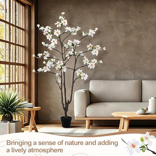 Giegxin 6 FT Tall Artificial Magnolia Tree, 72 Inches Faux Magnolia Trees Realistic UV-Resistant Flower Leaves Plant with Pot for Patio Home Office Wedding Living Room Indoor Outdoor Decor(White) - Image 7