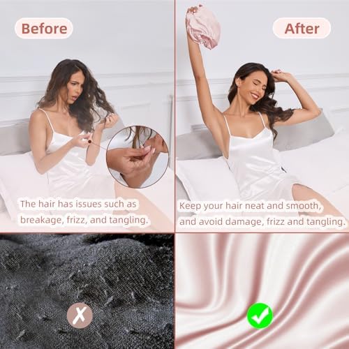 Adjustable Silk Satin Hair Bonnet for Sleeping Women, Double Layer, Silk Hair Wrap for Sleeping Women Men, Curly Natural Braid Straight Unisex - Pink - Image 4