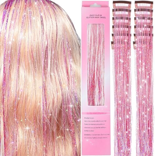 Clip in Hair Tinsel 12 Pcs Hair Tinsel Kit for Girls 22 Inch Glitter Colorful Heat Resistant Party Festival Hair Accessories for Women Kids(Pink) by LEDIZE