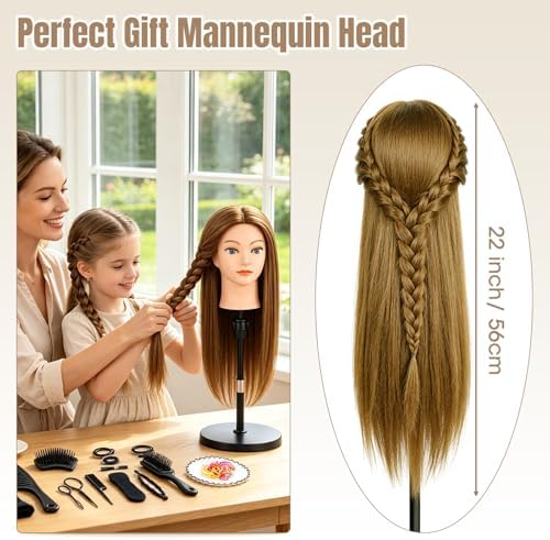 Mannequin Head with 100% Human Hair,22''Real Hair Cosmetology Mannequin Manikin Head Hair Styling Hairdressing Practice Training Doll Head Hairs with Clamp Holder and Tools(Light Brown Blue Eyes) - Image 4