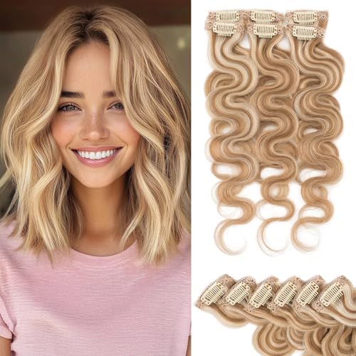 Rich Choices Clip In Hair Extension Real Human Hair-Wave/Curly 6 Pcs Single Clip Hairs Extension for Women-Invisible Mini Clips in Hairpieces-14 Inch #6P613R Light Brown Highlight Bleach Blonde by RichChoices