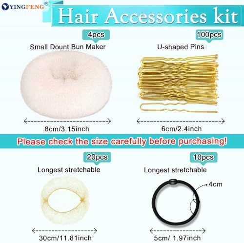 YINGFENG 134 Pcs Beige Hair Bun Maker Kit Medium - 4 Bun Hair Pieces for Women, 20 Hair Net for Buns, 100 Bobby Pins for Women, 10 Hair Bands, for Ballet Styling, Hair Accessories for Girls - Image 3