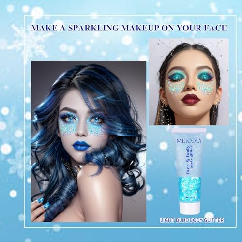 MEICOLY Light Blue Body Glitter,Mermaid Princess Face Glitter Gel,Ice Blue Hair Glitter Face Paint for Halloween,Frozen Birthday Party Decorations,Festival Rave Glitter Gel - Image 2
