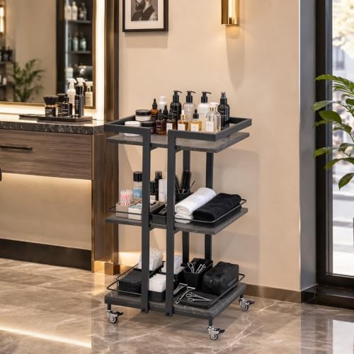 BarberPub 3-Tier Metal Rolling Salon Trolley Cart on Wheels, Grey 2033 - Image 2