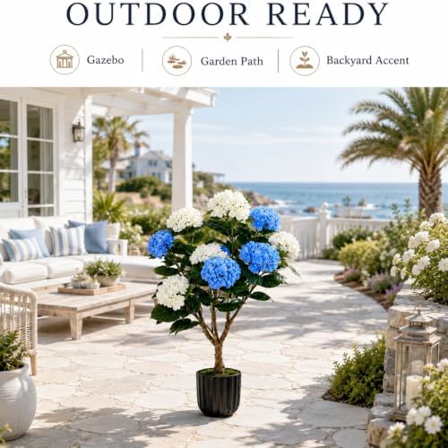 THKFUL 3.6FT Artificial Hydrangea Tree with Pot, Blue & White Faux Hydrangea Plant with Real Wood Trunk, UV Resistant Artificial Flowering Tree for Indoor Outdoor, Front Porch & Living Room Decor - Image 6