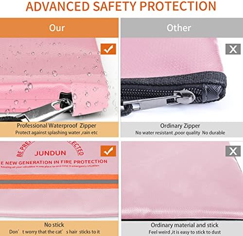 JUNDUN Fireproof Document Bag,14.2”x 10.0”Waterproof and Fireproof Money Bag with Aluminum Foil Lining,Fireproof Safe Storage Pouch with Zipper for Document and Cash,Pink - Image 4