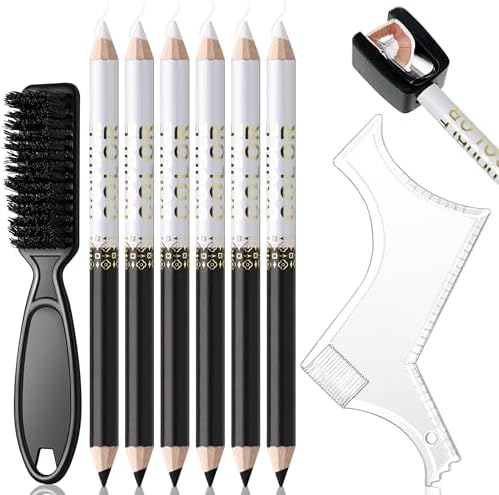 Noerrors Barber Pencil for Lineup Magic Hairline Enhancement Beard Guide Shaping Pencils for Design Razor Trace Black White Barber Chalk Pencils Set with Sharpener Ruler Brush for Men by Noerrors