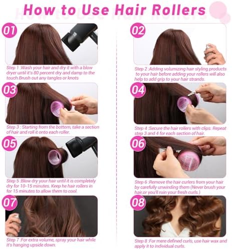 Jumbo Hair Curlers Rollers, 12Pcs 60mm Jumbo Hair Roller Curlers Self Grip Holding Rollers with 12Pcs Hair Clips for Long Straight Thick Hair (Rose Red) - Image 3