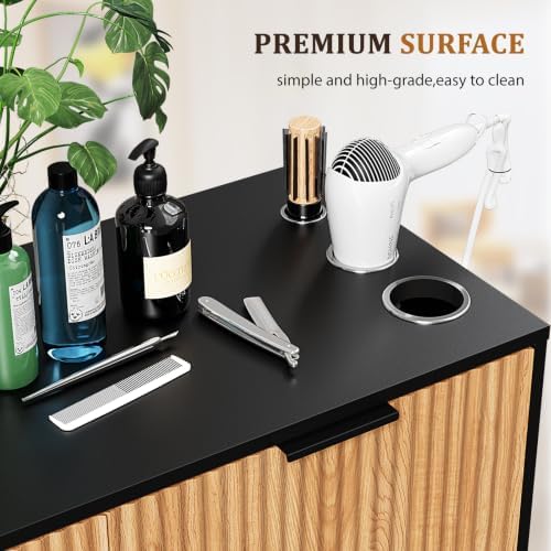 OmySalon Salon Station, Barber Station with 4 Drawers & 3 Hair Dryer Holders, Modern Retro Style Free Standing Cabinet, Storage Styling Stations for Barbershop Beauty SPA, Black - Image 4
